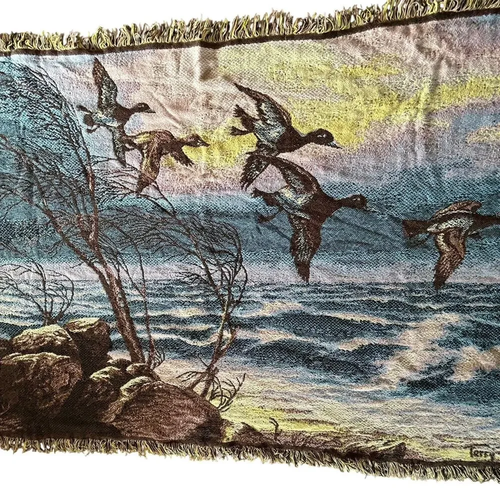 Vintage Terry Redlin jacquard tapestry throw blanket Beacon flying ducks